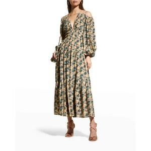 Ulla Johnson Dress Marguerite Silk Maxi long Green blue Floral 4 Boho easy fairy